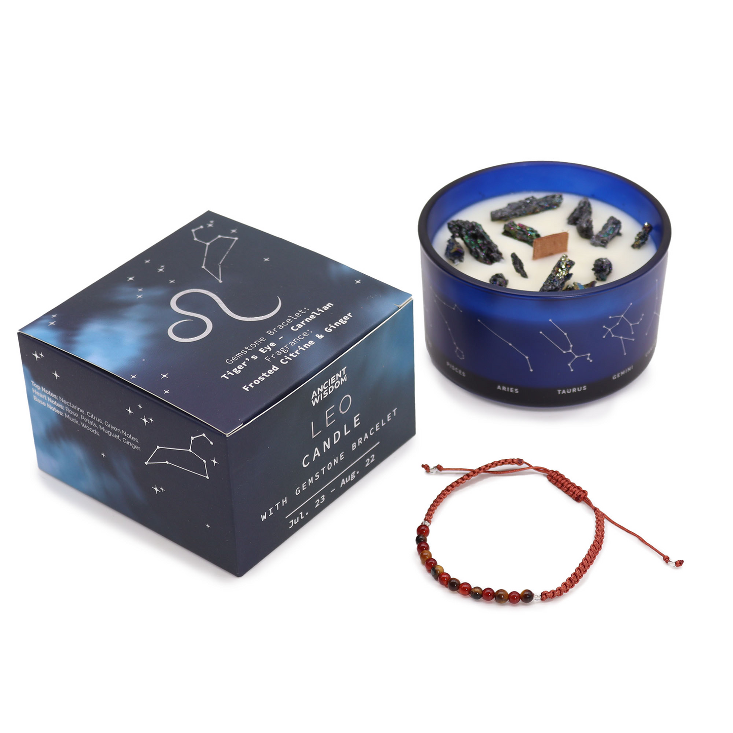 Lumanare din Cristal Zodiac cu Bratara cu Pietre Pretioase - Leu