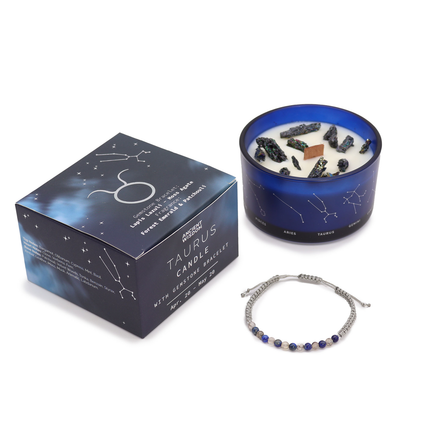 Lumanare din Cristal Zodiac cu Bratara cu Pietre Pretioase - Taur