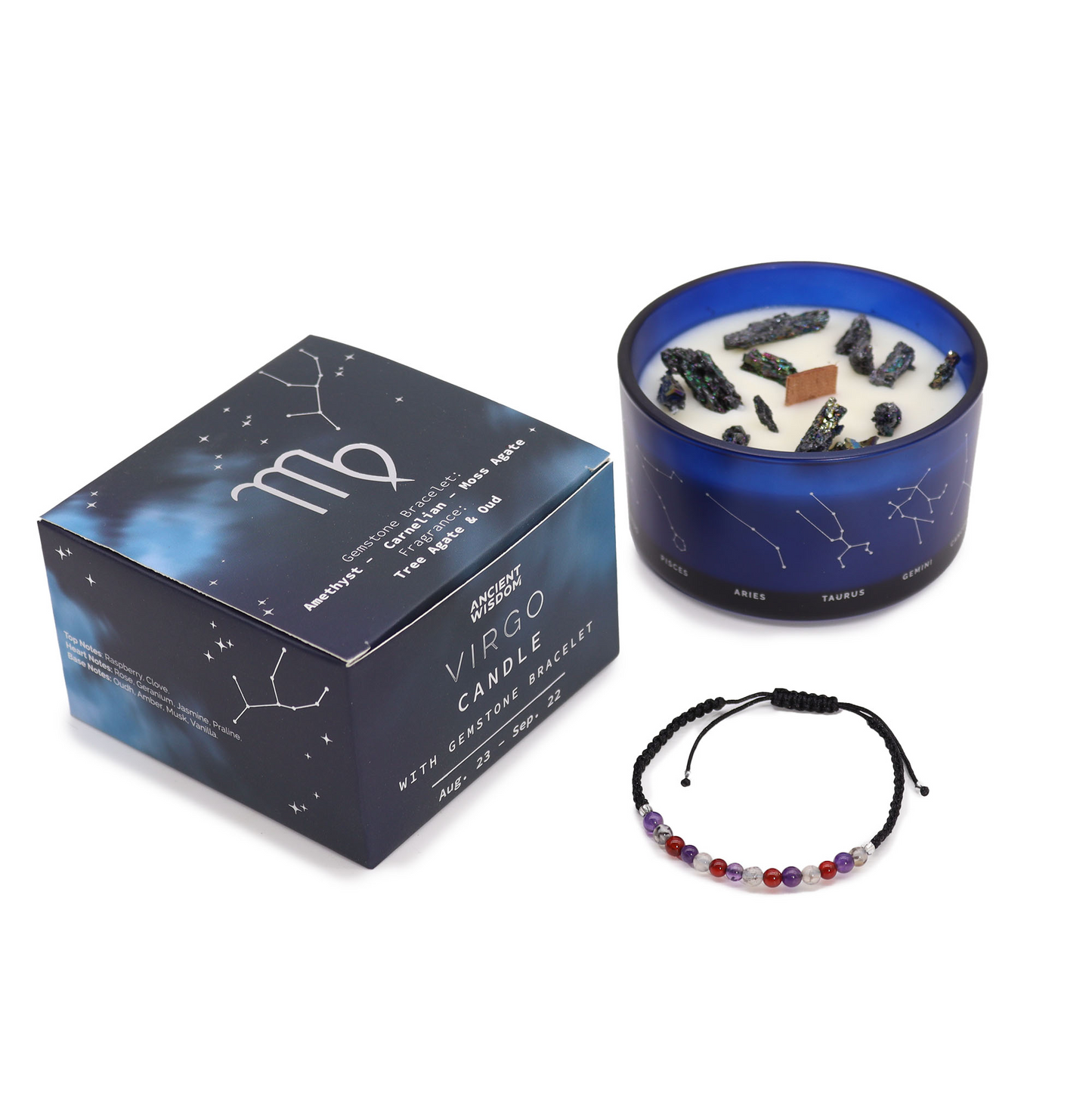 Lumanare din Cristal Zodiac cu Bratara cu Pietre Pretioase - Fecioara