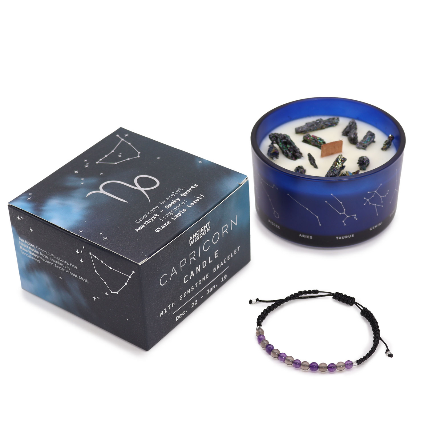 Lumanare din Cristal Zodiac cu Bratara cu Pietre Pretioase - Capricorn