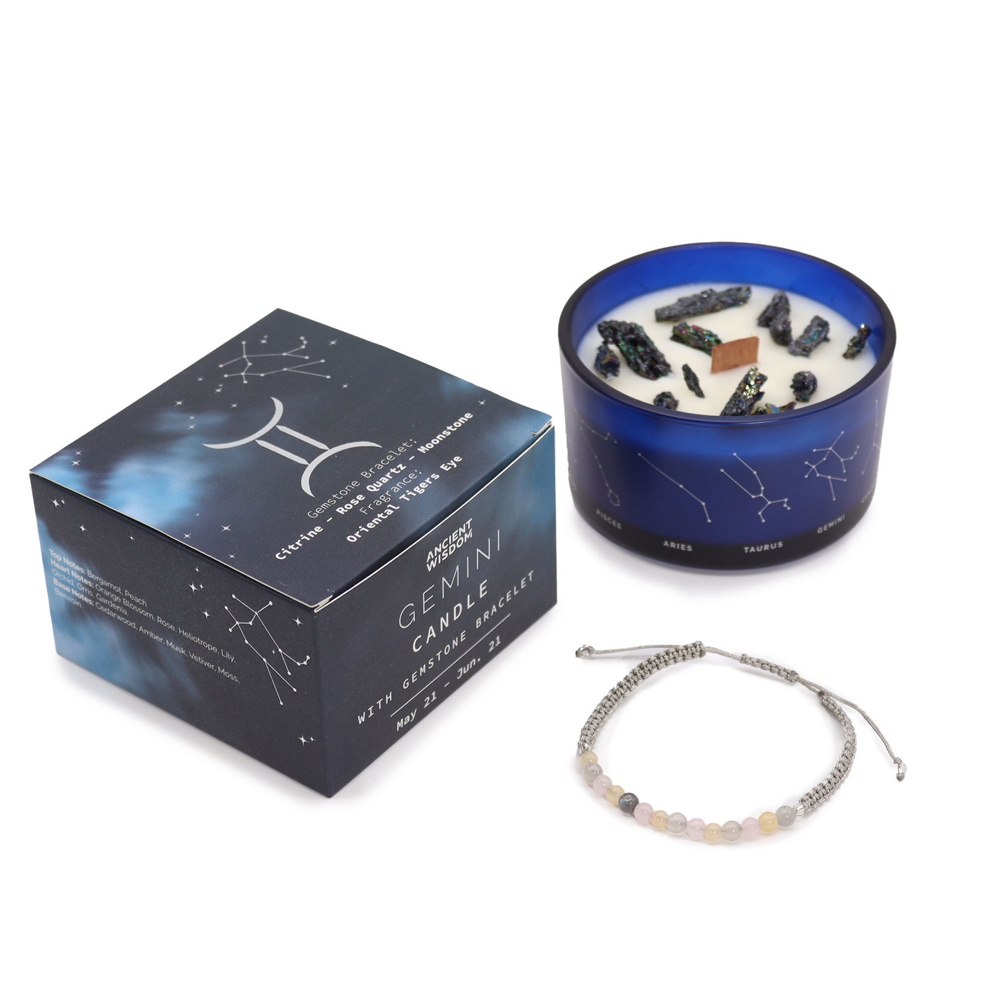 Lumanare din Cristal Zodiac cu Bratara cu Pietre Pretioase - Gemeni