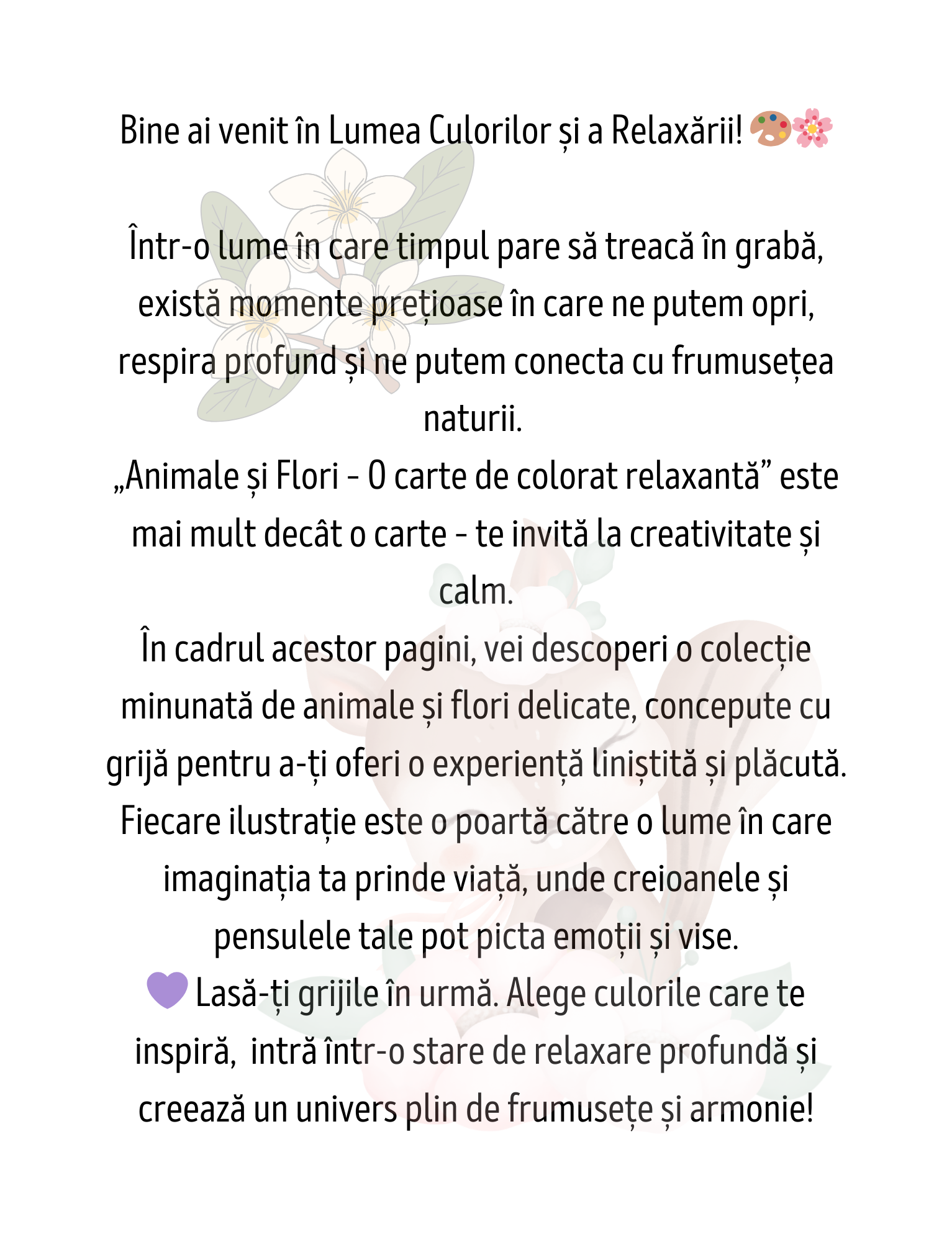 Carte de Colorat Animale si Flori – O Carte de Colorat Relaxanta Pentru Adulti si Copii / Carte Digitala / Ebook