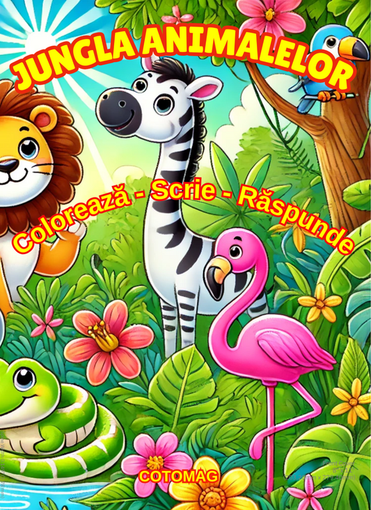 Carte de Colorat Jungla Animalelor: Coloreaza-Scrie-Raspunde / Carte de Colorat cu Activitati Pentru Copii de 4-8 Ani