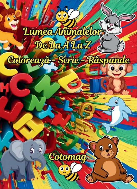 Carte de Colorat Lumea Animalelor de la A la Z: Coloreaza-Scrie-Raspunde / Carte de Colorat cu Activitati Pentru Copii / Carte Digitala / Ebook
