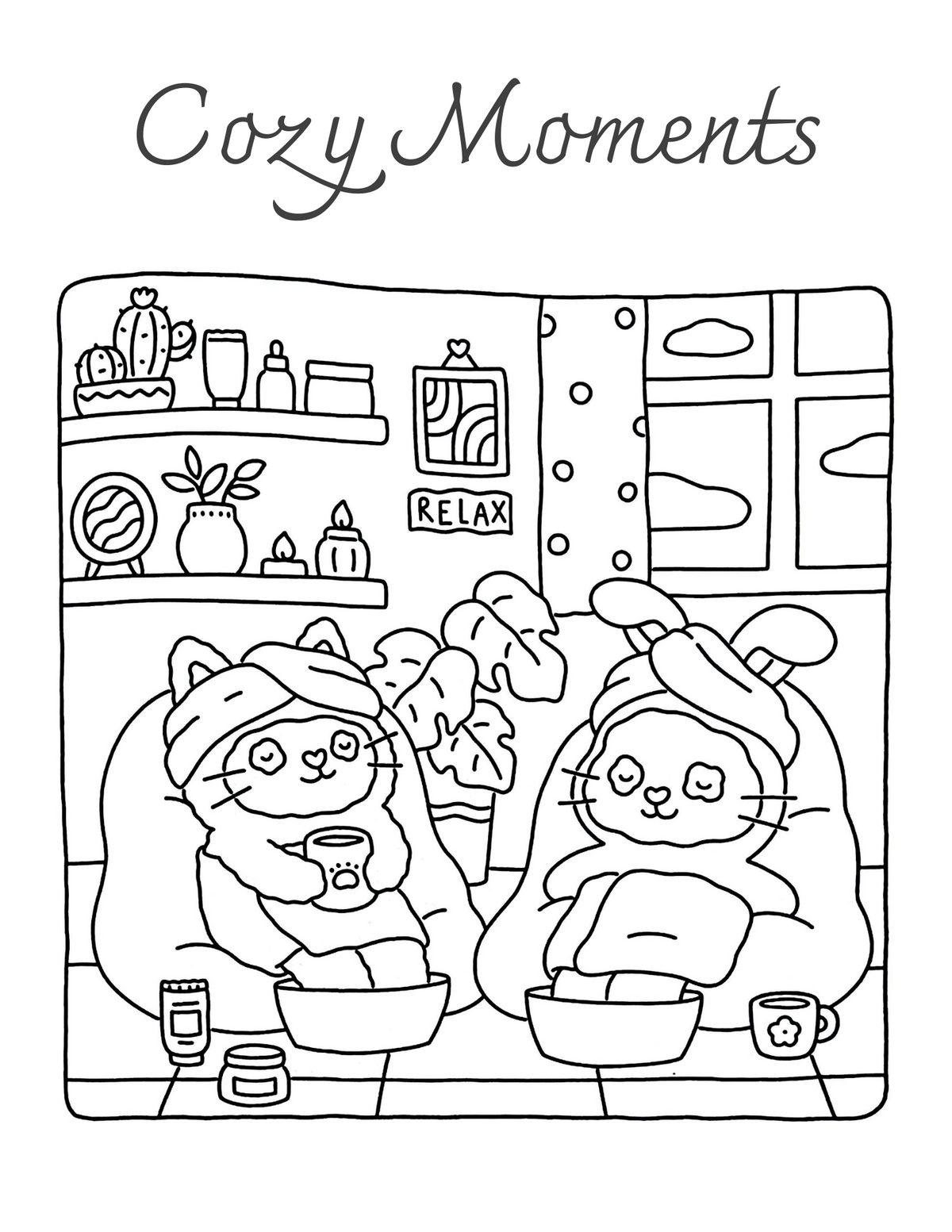 Interiorul cărții Cozy Moments – Prietenie Adevărată PDF, cu scene despre prietenie și personaje de colorat imprimabile – Cotomag