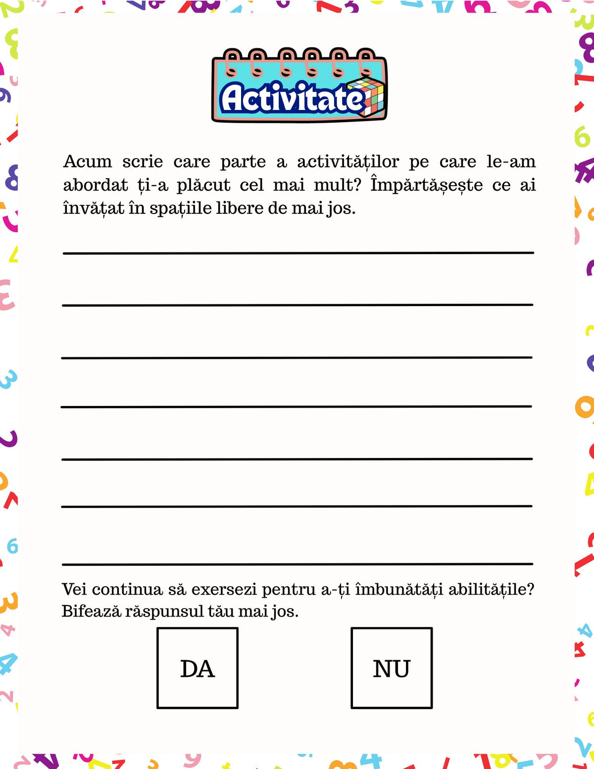 Interior carte cu activități PDF pentru copii, cu exerciții imprimabile pentru recunoașterea literelor și numerelor – Cotomag