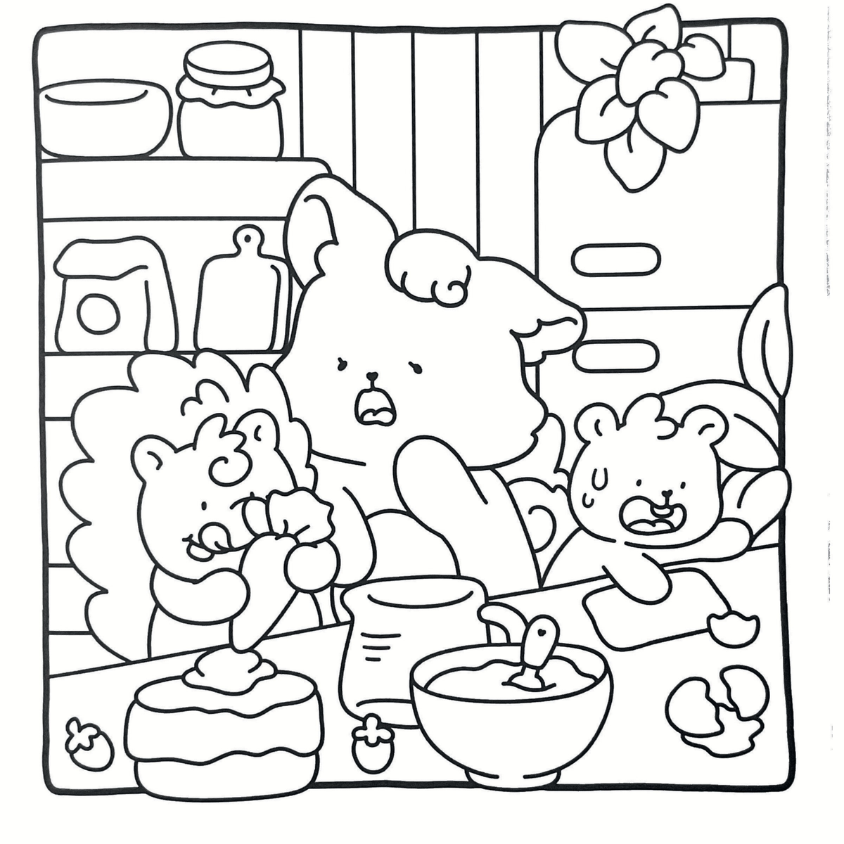 Interiorul cărții Cozy Little Friends PDF, cu ilustrații de colorat cu animale, așezate pe o singură parte a filei, cu verso liber – Cotomag