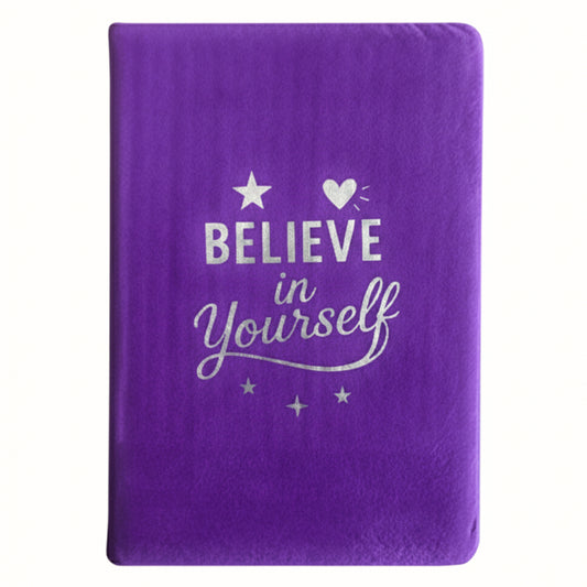 Agendă cu copertă moale din catifea lavandă, mesaj Believe in Yourself, 80 de pagini și dimensiunea de 15 × 21 cm – Cotomag