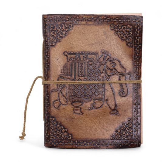 Agendă din piele naturală lucrată manual, cu elefant regal embosat, 100 de pagini nealiniate și închidere cu șnur – Cotomag