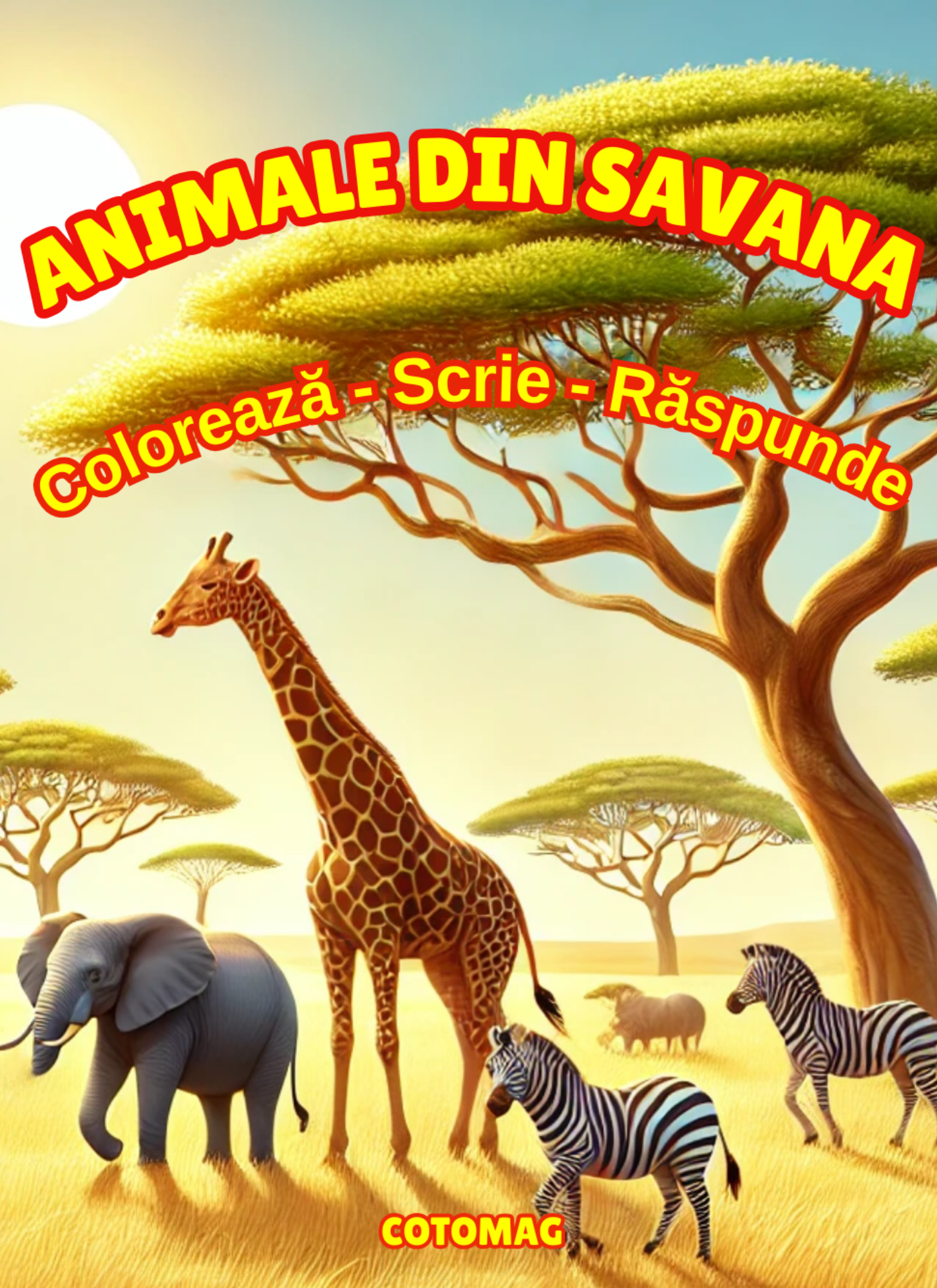 Carte de Colorat Animale din Savana: Coloreaza-Scrie-Raspunde / Carte de Colorat cu Activitati Pentru Copii de 4-8 Ani