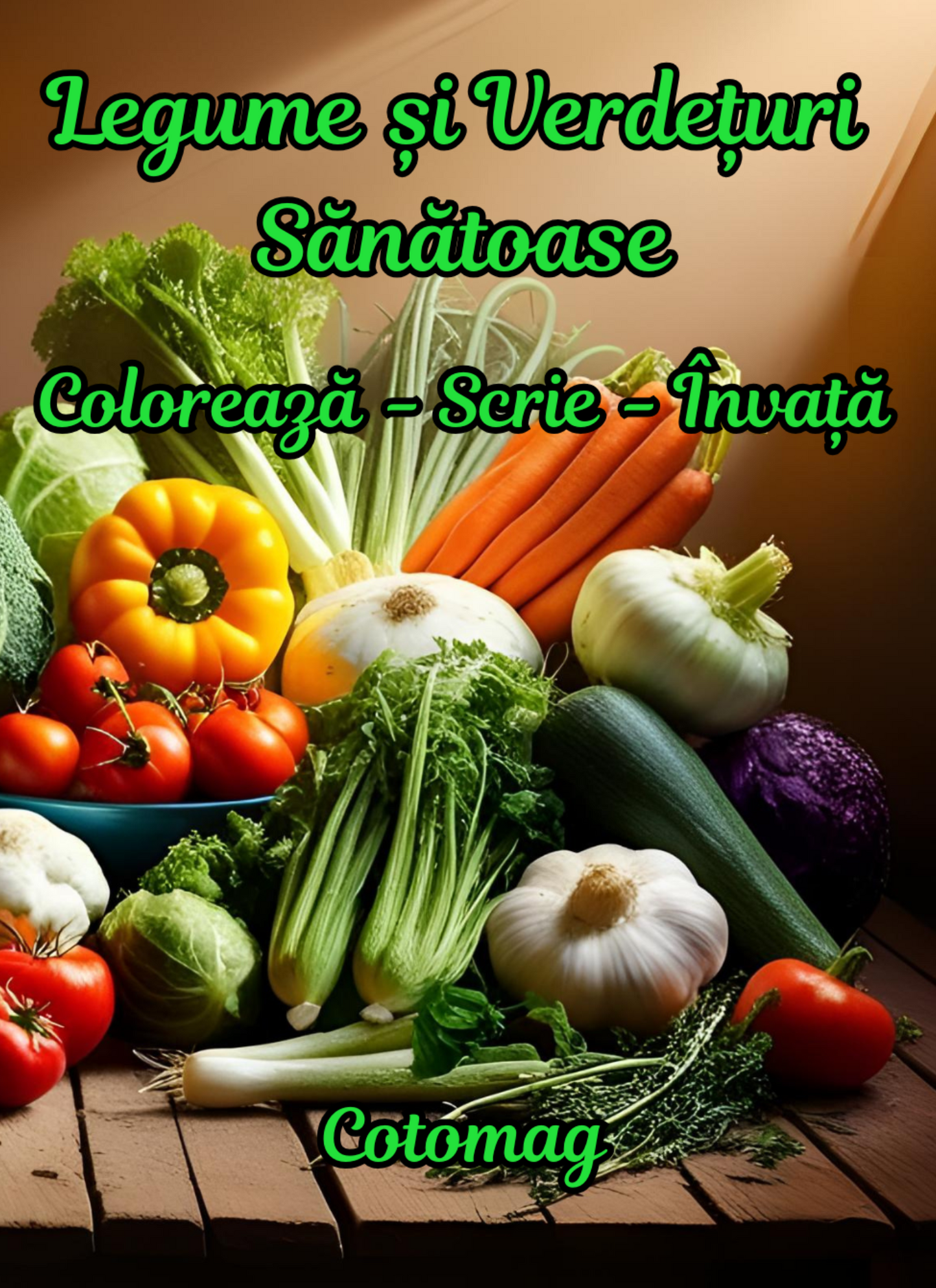Carte de Colorat Legume si Verdeturi Sanatoase: Coloreaza-Scrie-invata / Carte de Colorat cu Activitati Pentru Copii / Carte Digitala /  Ebook 