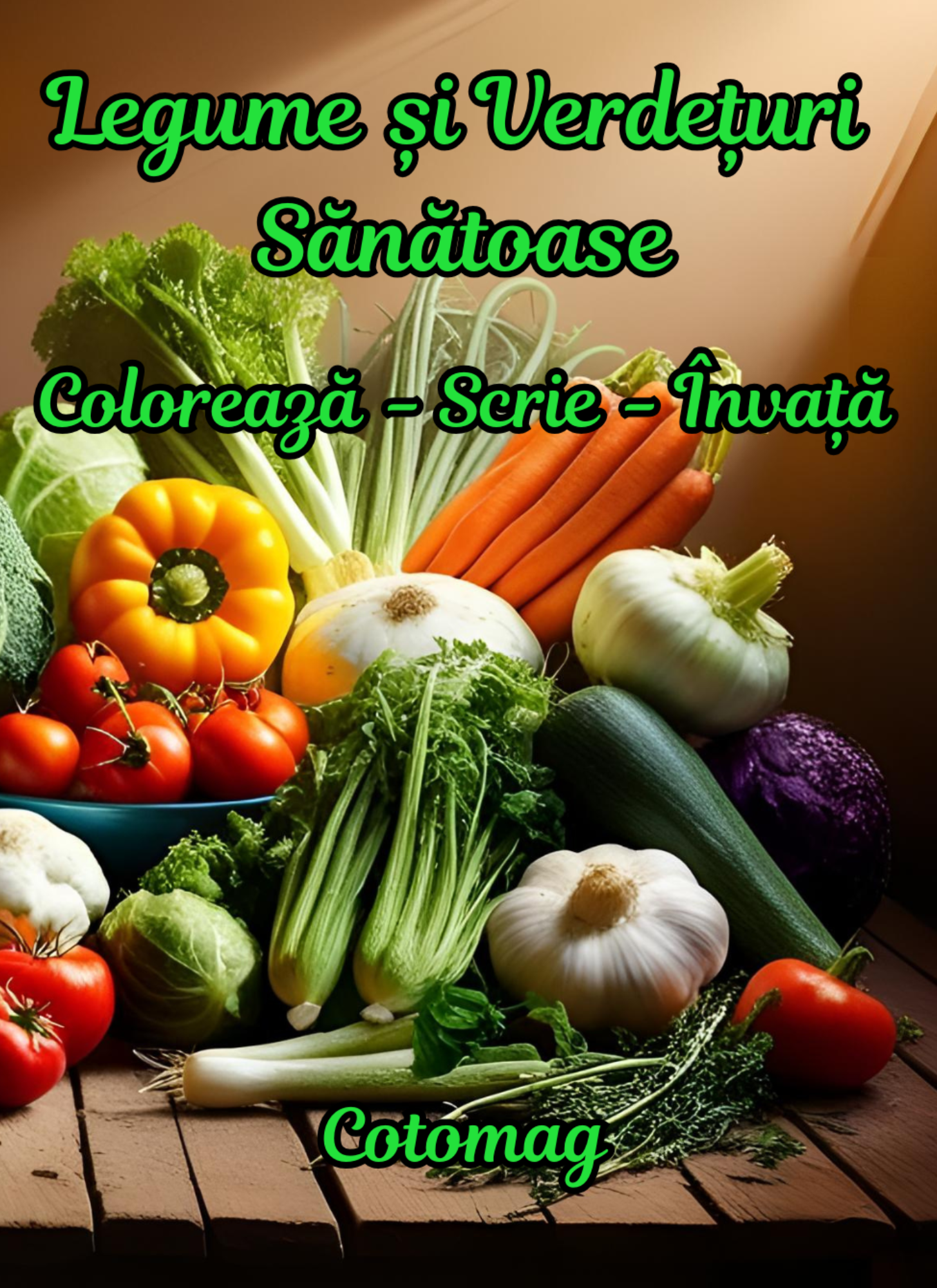 Carte de Colorat Legume si Verdeturi Sanatoase: Coloreaza-Scrie-invata / Carte de Colorat cu Activitati Pentru Copii / Carte Digitala /  Ebook 