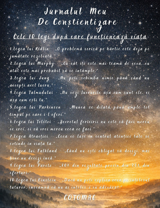 Jurnalul Meu de Constientizare - Cele 10 Legi Dupa Care Functioneaza Viata / Ghid Practic / Echilibru Emotional / Autocunoastere / Claritate Mentala / Dezvoltare Personala