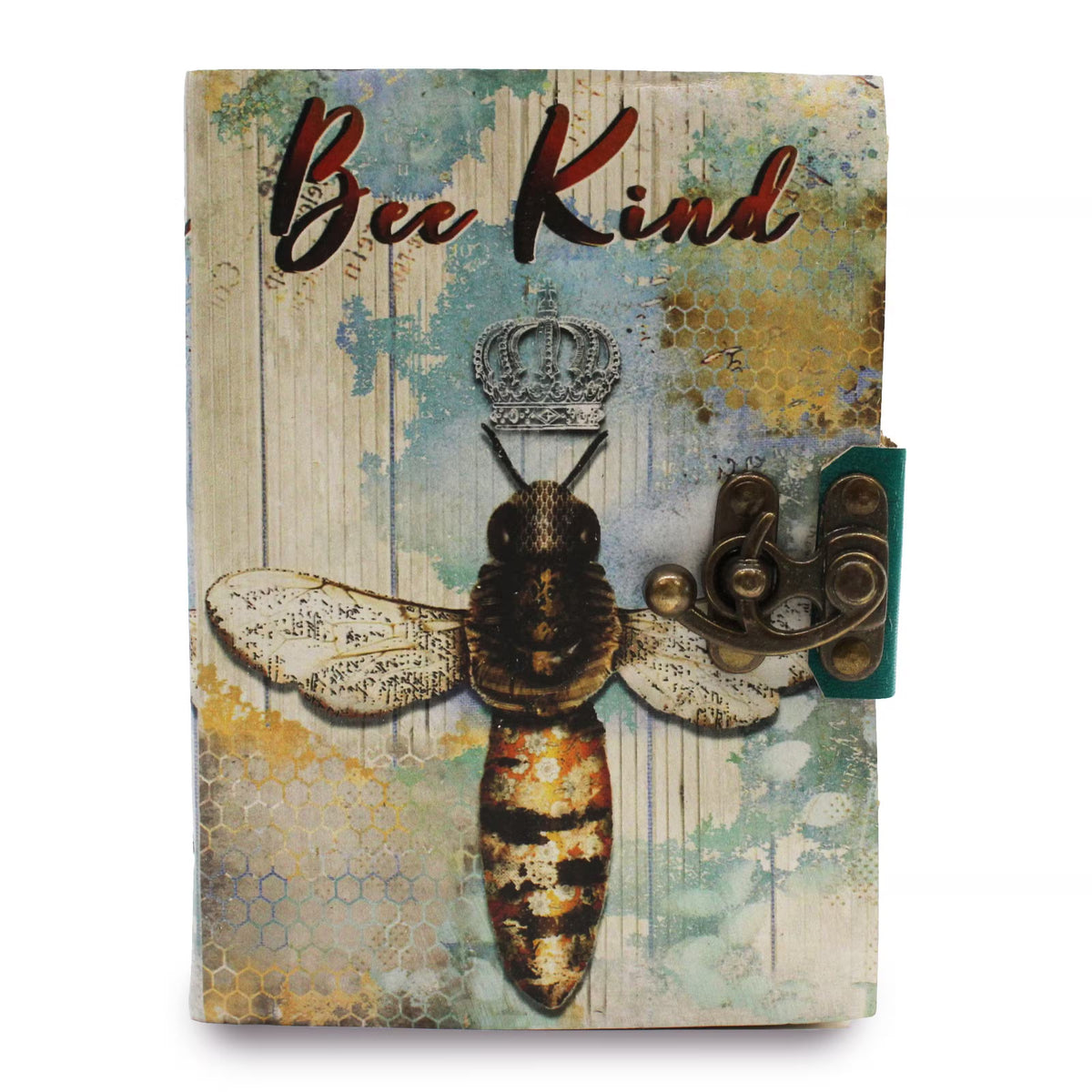 Agendă din piele „Bee Kind”, cu ilustrație cu albină, motive florale, 200 de pagini vintage cu margini zimțate și închidere metalică.