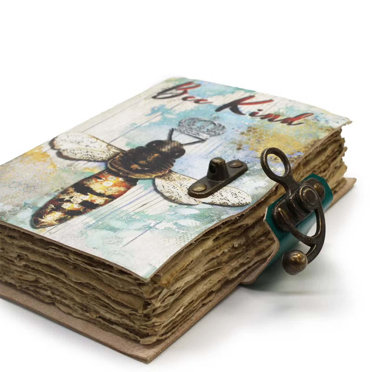 Agendă din piele „Bee Kind”, cu ilustrație cu albină, motive florale, 200 de pagini vintage cu margini zimțate și închidere metalică.