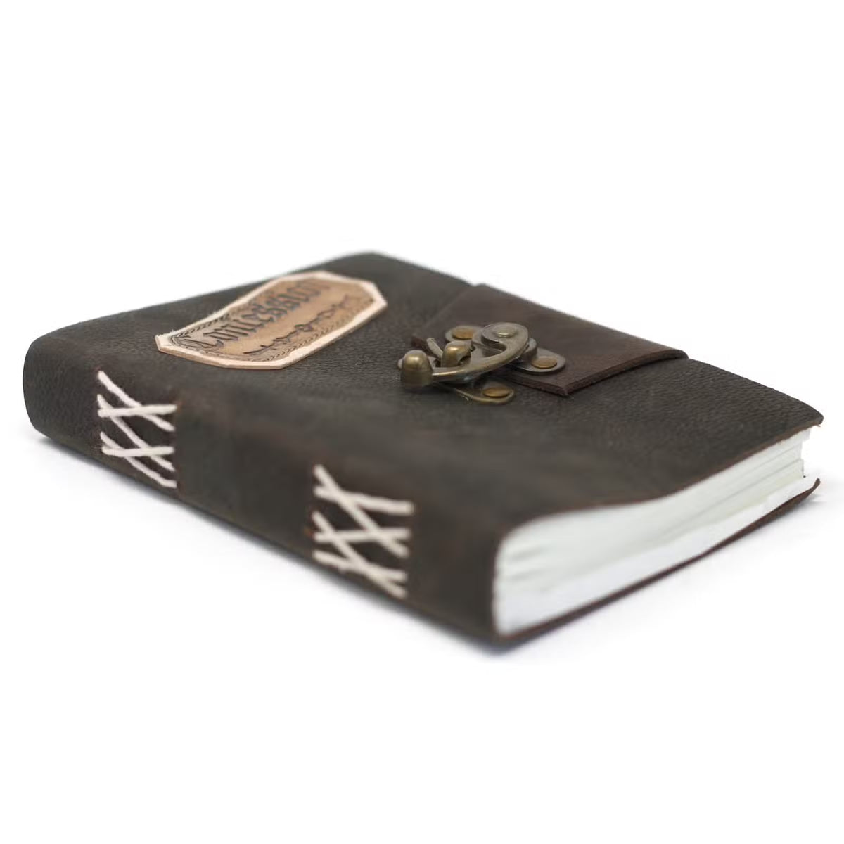 Agendă din piele „Confession”, realizată manual, în nuanță maro foarte închis, cu etichetă decorativă, 200 de pagini simple și închidere cu cataramă metalică.