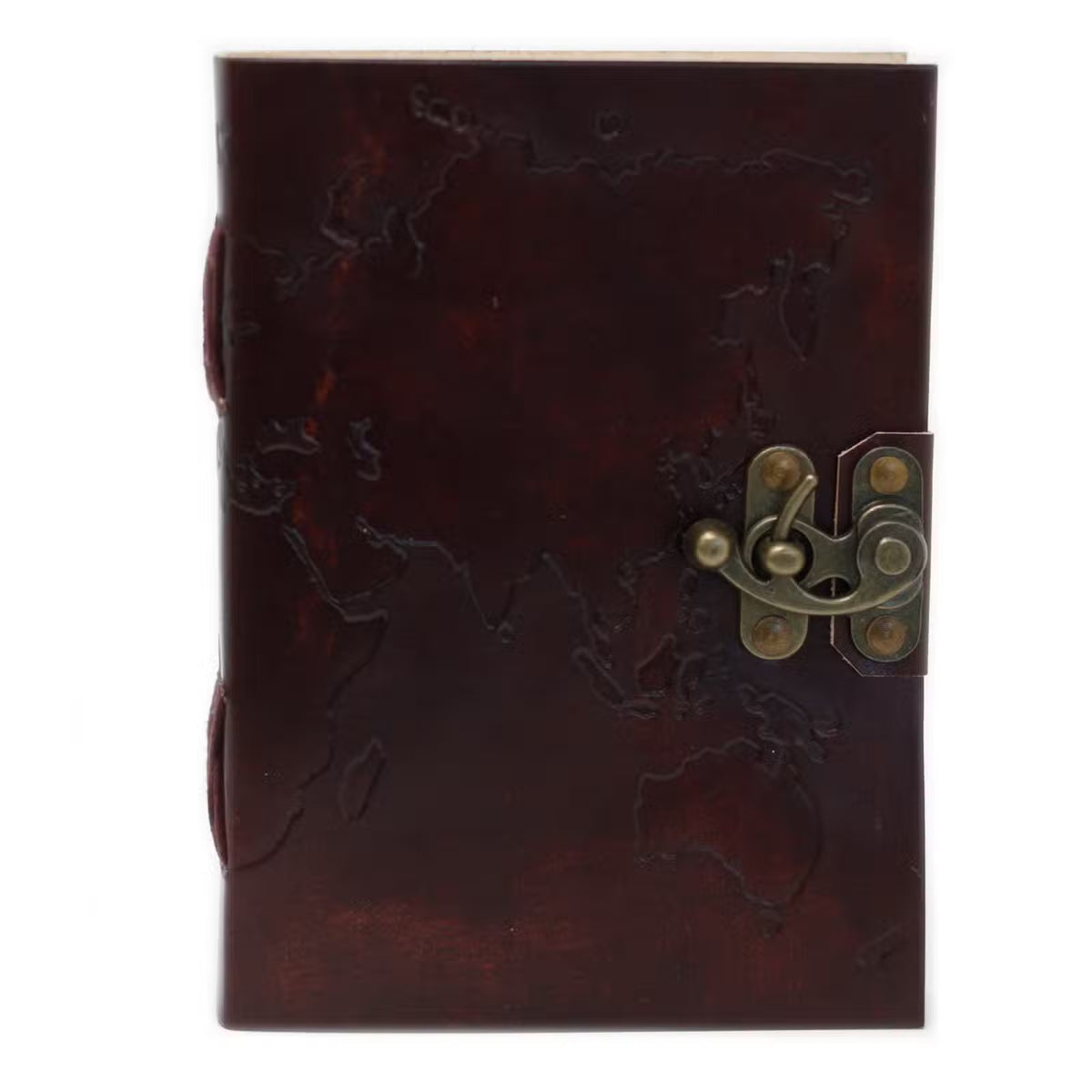 Agendă din piele „Harta Lumii”, realizată manual, în nuanță maro închis, cu model discret al hărții lumii, 200 de pagini simple și închidere cu cataramă metalică.