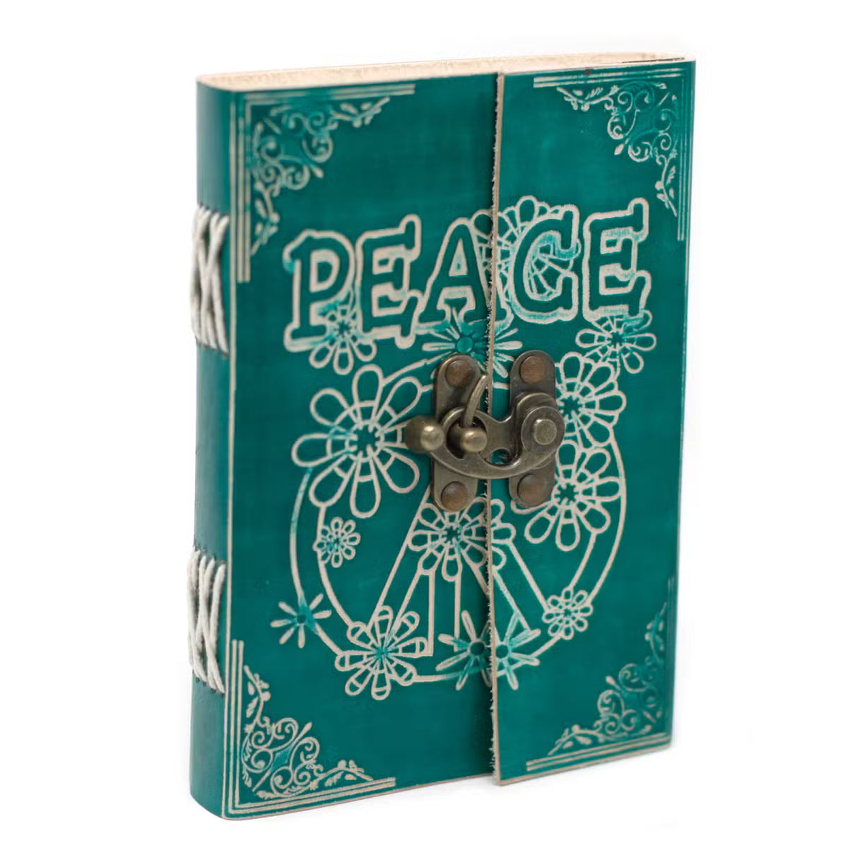 Agendă din piele „Peace”, realizată manual, în nuanță verde-turcoaz, cu motive florale, 200 de pagini simple și închidere cu cataramă metalică.