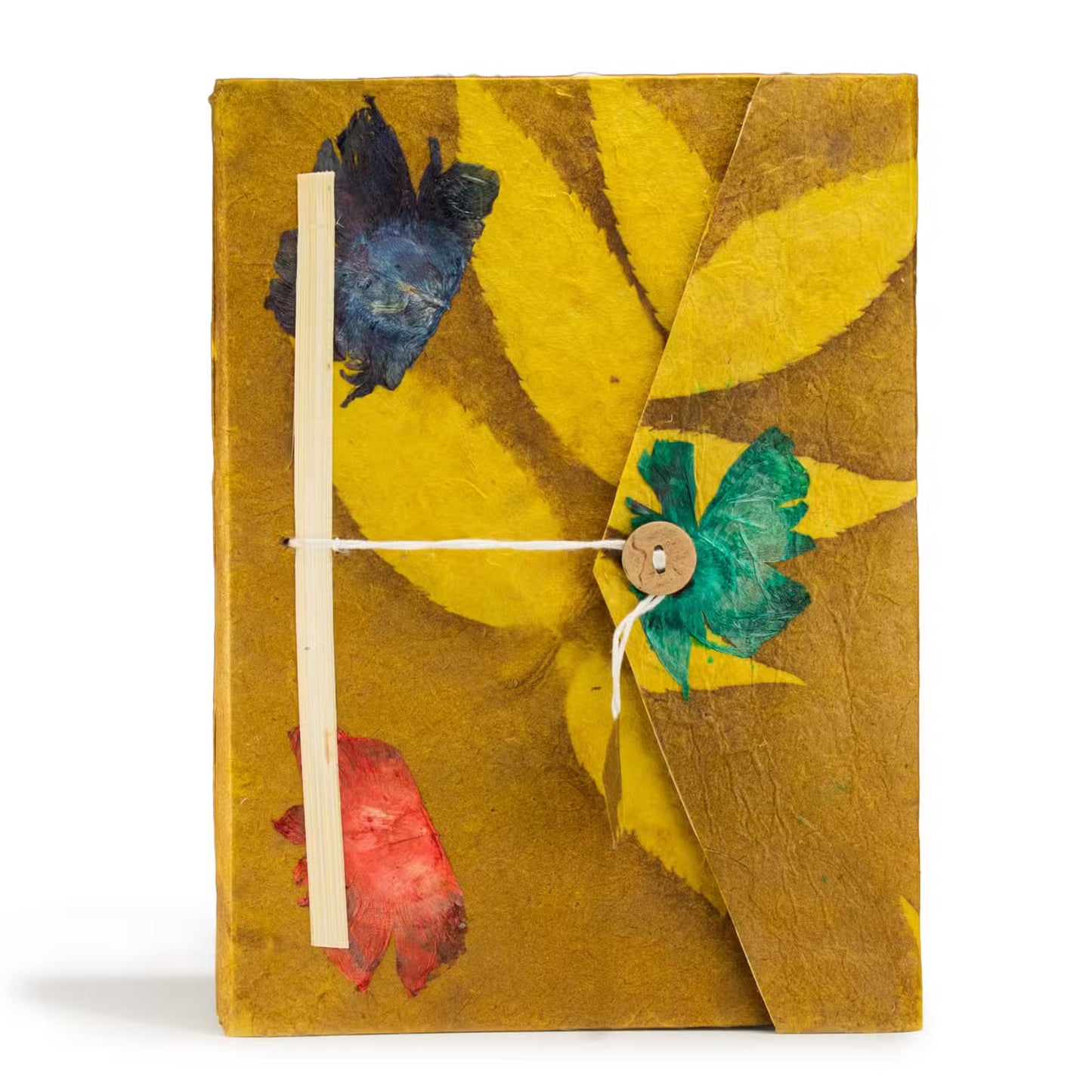 Agenda Lokta florală maro muștar, realizată manual în Nepal din hârtie naturală, cu 90 de pagini și semn de carte