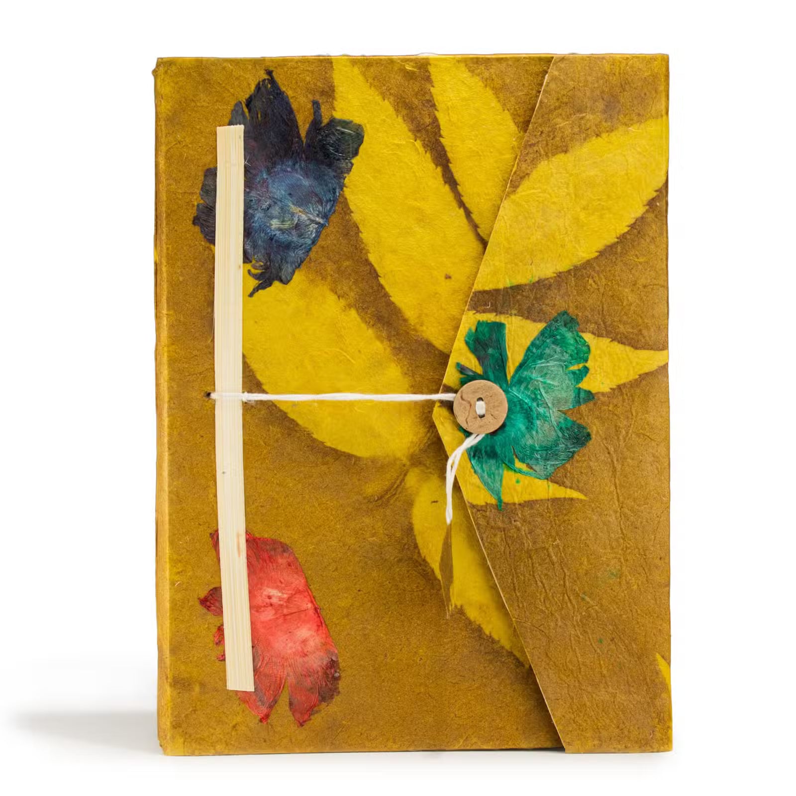 Agenda Lokta florală maro muștar, realizată manual în Nepal din hârtie naturală, cu 90 de pagini și semn de carte