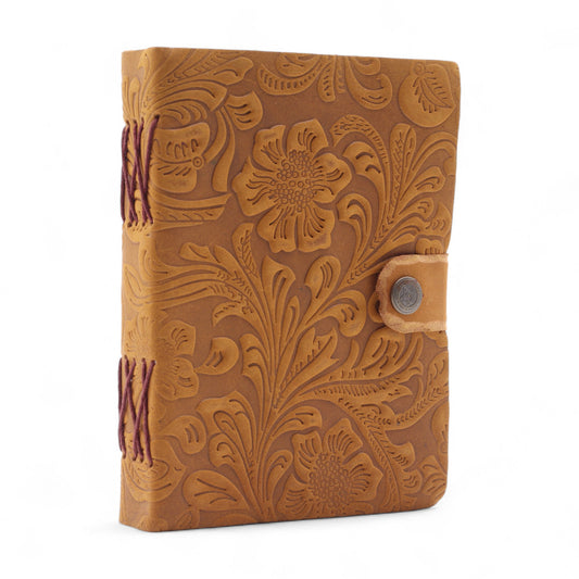 Agendă din piele embosată cu model floral bej, 200 de pagini și format 18 × 13 cm, potrivită pentru notițe, planuri, reflecții și schițe – Cotomag