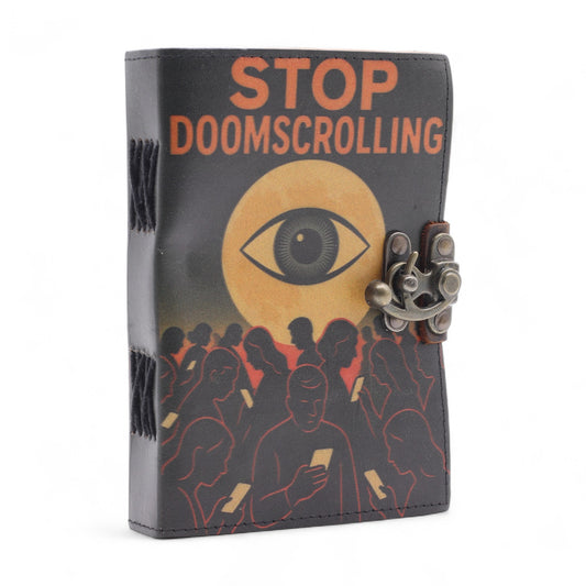 Agendă din piele „Stop Doom Scrolling”, cu mesaj despre folosirea conștientă a timpului, 200 de pagini și format 18 × 13 cm, pentru notițe, planuri, obiective, reflecții și schițe – Cotomag.