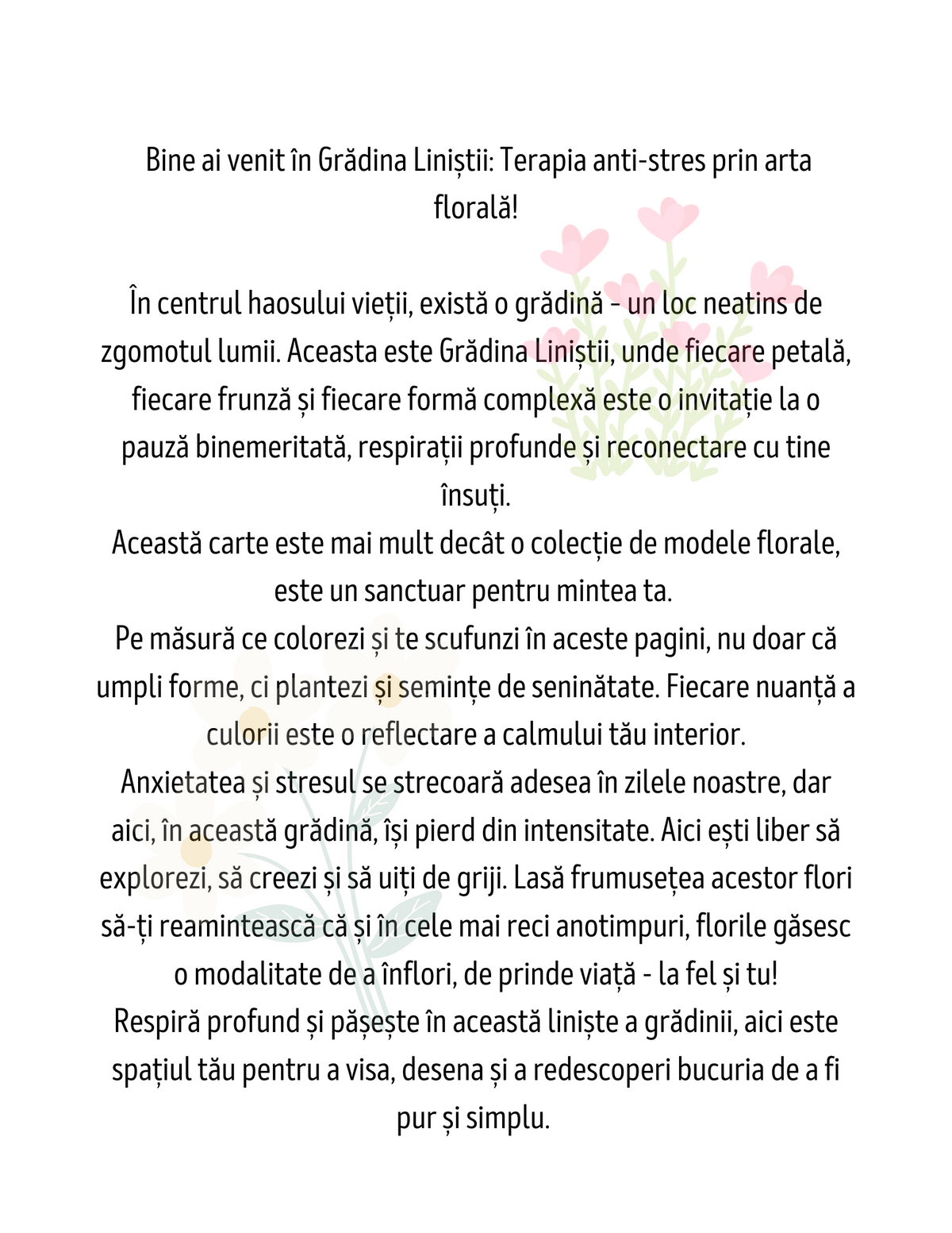 Interior Carte de Colorat pentru Adulți Grădina Liniștii cu ilustrație florală antistres