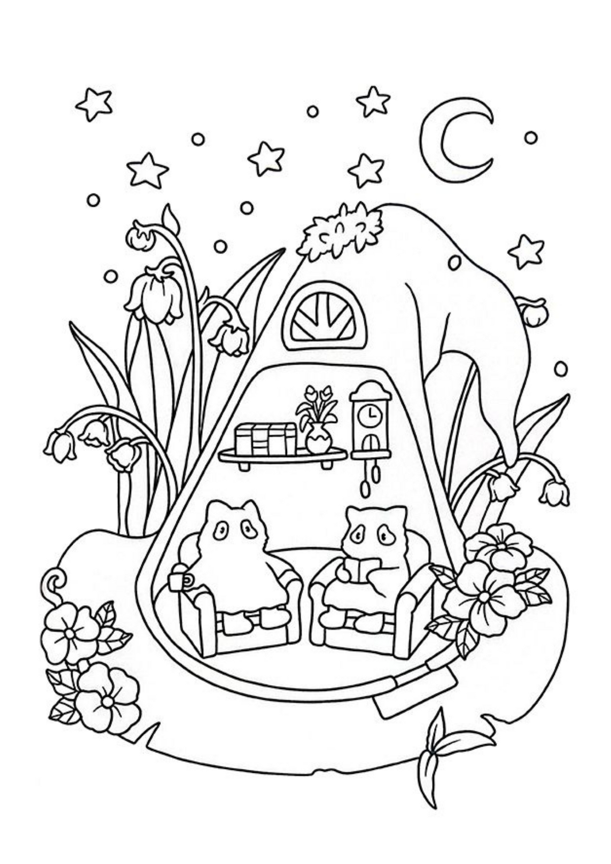 Interior Carte de Colorat Cozy Moments PDF cu ilustrație cozy imprimabilă pentru relaxare, Cotomag