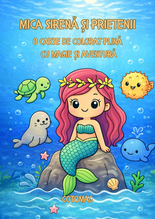 Copertă Mica Sirenă și Prietenii PDF, carte de colorat cu sirene și aventuri subacvatice pentru copii, Cotomag