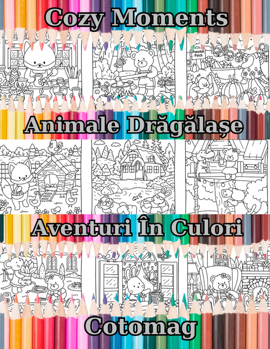 Cozy Moments – Animale Drăgălașe PDF, carte de colorat pentru copii și adulți cu 40 de ilustrații cozy – Cotomag