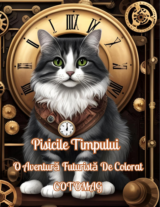 Pisicile Timpului, carte de colorat futuristă pentru adulți, cu 47 de ilustrații pentru relaxare și reducerea stresului – Cotomag