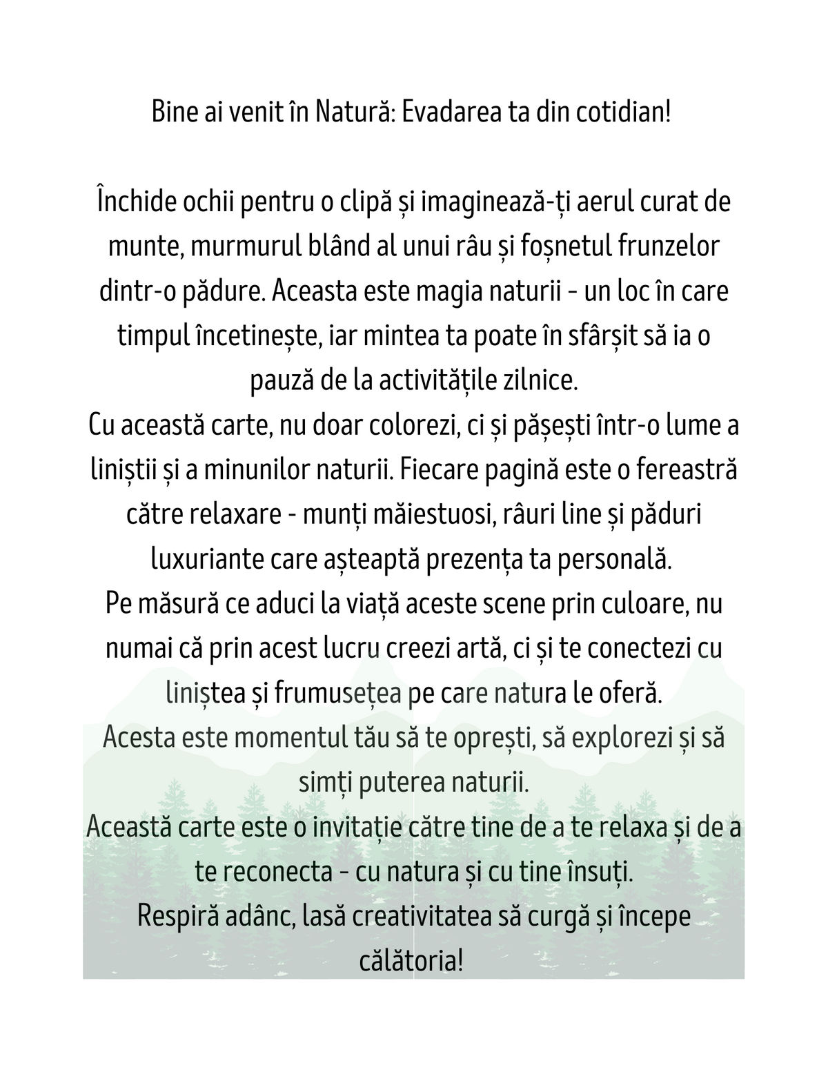Interior Carte de Colorat pentru Adulți Natura PDF – exemplu de ilustrație cu peisaj natural de colorat, cotomag.ro