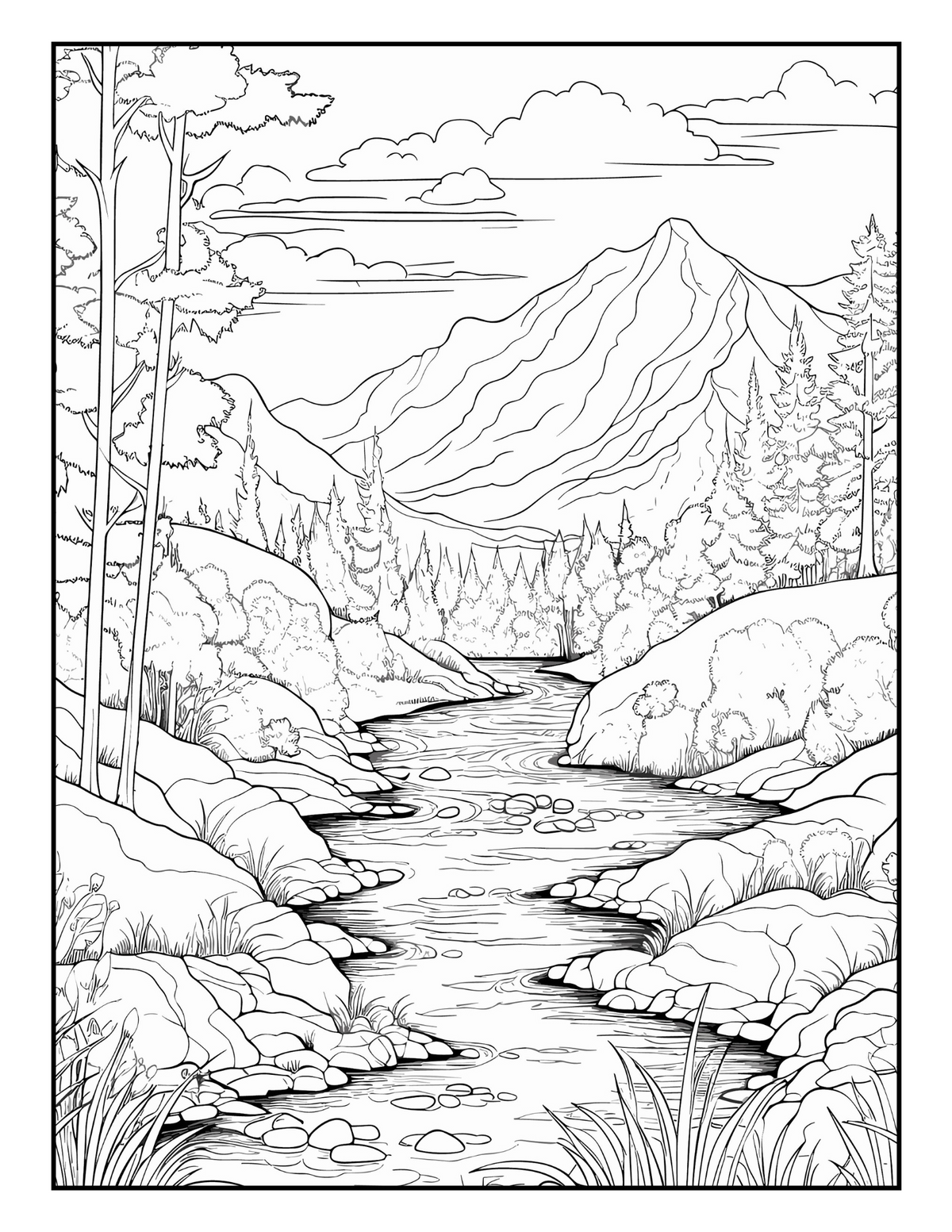 Interior Carte de Colorat pentru Adulți Natura PDF – exemplu de ilustrație cu peisaj natural de colorat, cotomag.ro