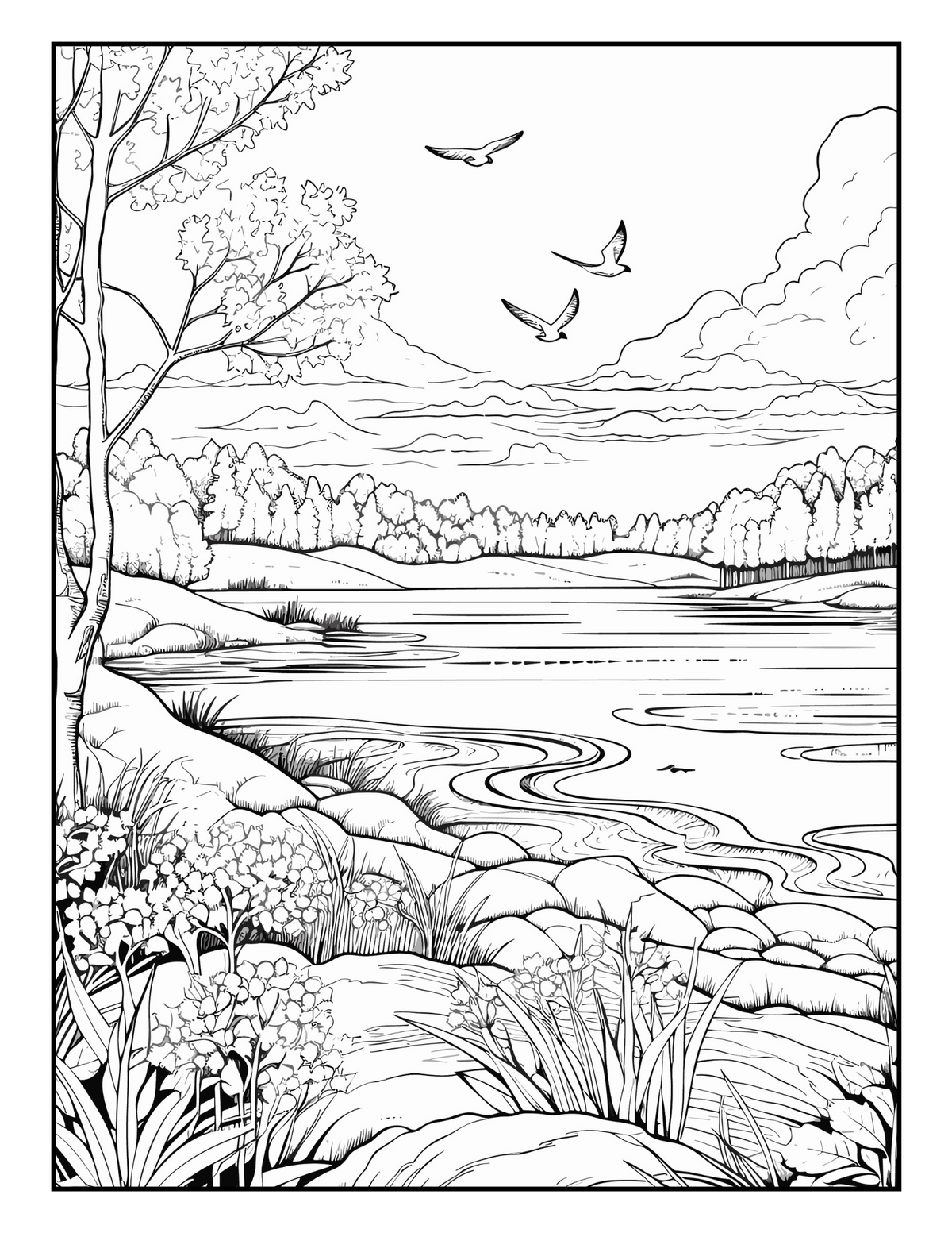 Interior Carte de Colorat pentru Adulți Natura PDF – exemplu de ilustrație cu peisaj natural de colorat, cotomag.ro