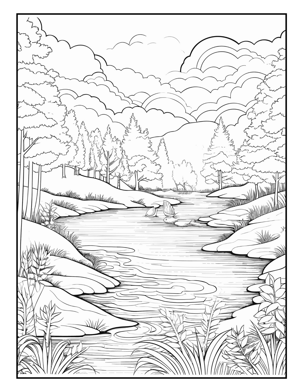 Interior Carte de Colorat pentru Adulți Natura PDF – exemplu de ilustrație cu peisaj natural de colorat, cotomag.ro