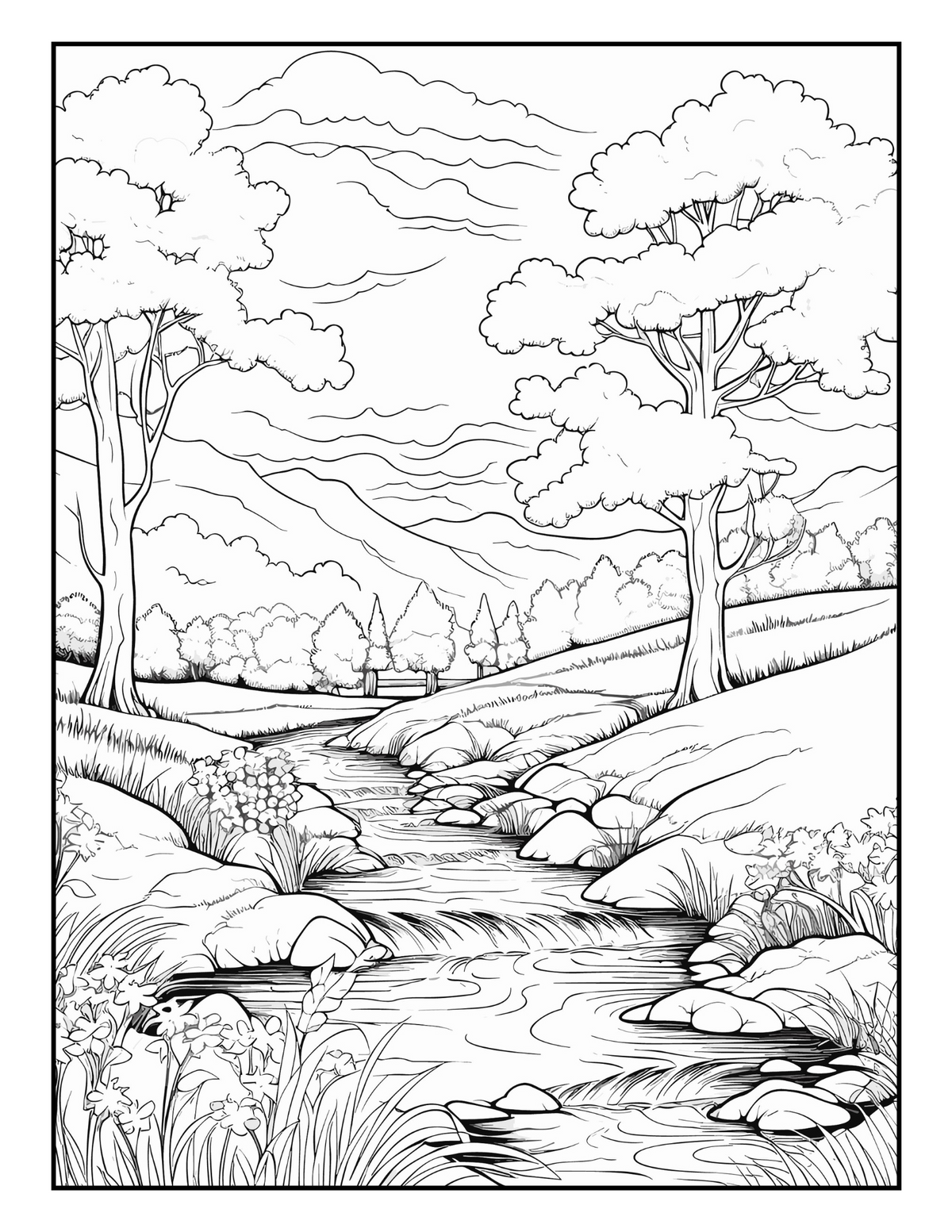 Interior Carte de Colorat pentru Adulți Natura PDF – exemplu de ilustrație cu peisaj natural de colorat, cotomag.ro