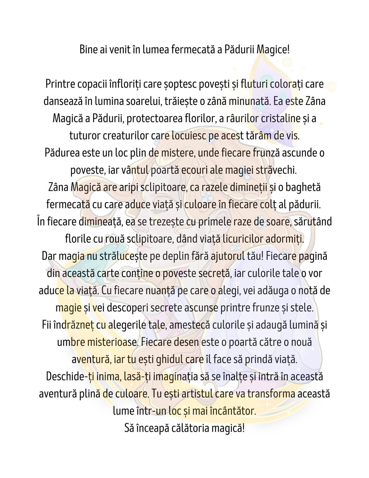 Interior Carte de Colorat PDF Zâna Pădurii – exemplu de ilustrație complexă cu zâne și scenă de poveste, cotomag.ro