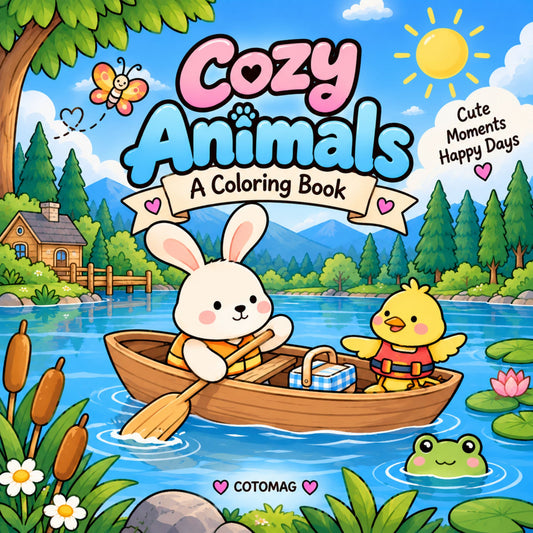 Cozy Animals PDF, carte de colorat imprimabilă cu animale pentru copii și adulți, 37 de ilustrații, format pătrat 21 × 21 cm – Cotomag