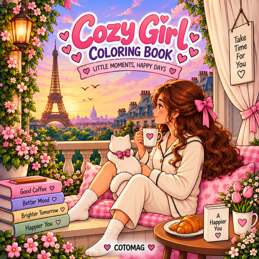 Cozy Girl – Little Moments, Happy Days PDF, carte de colorat imprimabilă Cotomag cu 80 de pagini și 37 de ilustrații