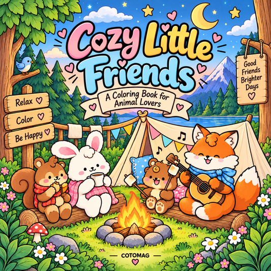 Coperta Cozy Little Friends PDF, carte de colorat imprimabilă cu animale pentru copii și adulți, 37 de ilustrații și format pătrat 21 × 21 cm – Cotomag