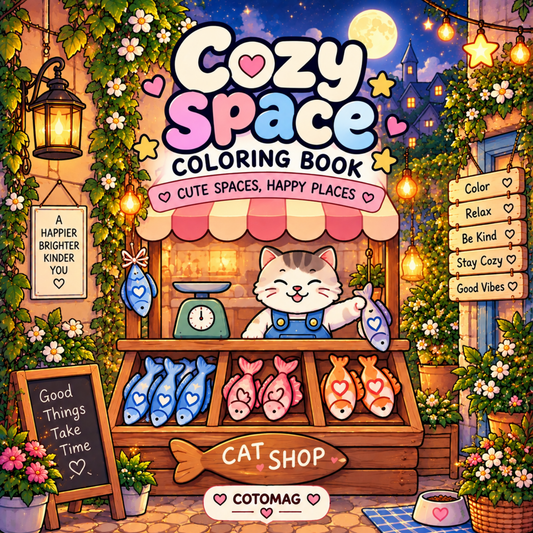 Cozy Space PDF – Cute Spaces, Happy Places, carte de colorat imprimabilă cu 37 de ilustrații, 80 de pagini și format pătrat 21 × 21 cm – Cotomag