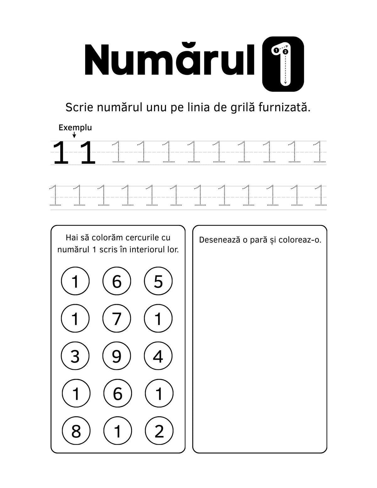 Interior fișe de lucru Numere PDF pentru copii de 3–6 ani, cu exerciții imprimabile de trasare și scriere, Cotomag