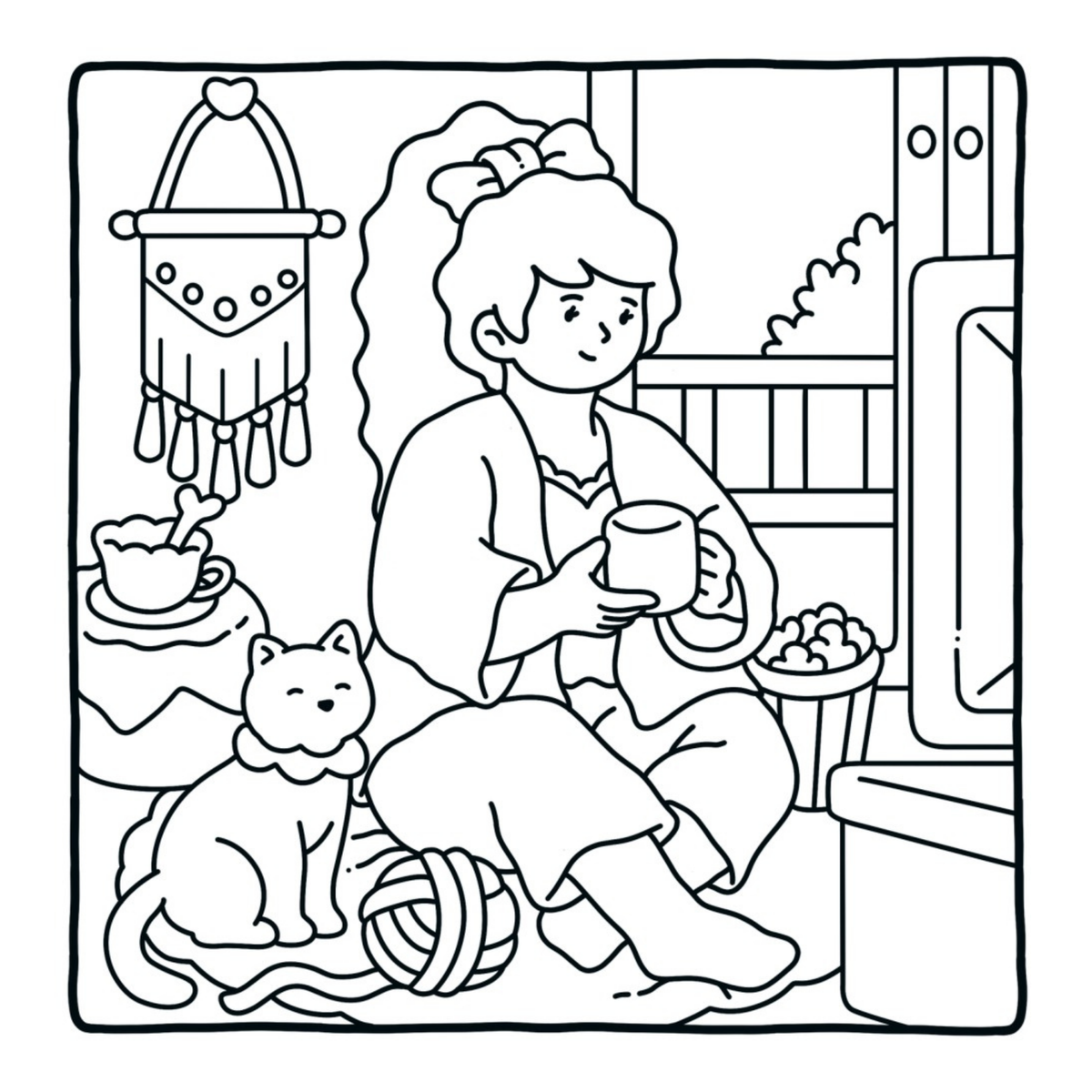 Interiorul cărții Cozy Girl PDF, cu ilustrații imprimabile în stil cozy pentru momente de relaxare și creativitate – Cotomag