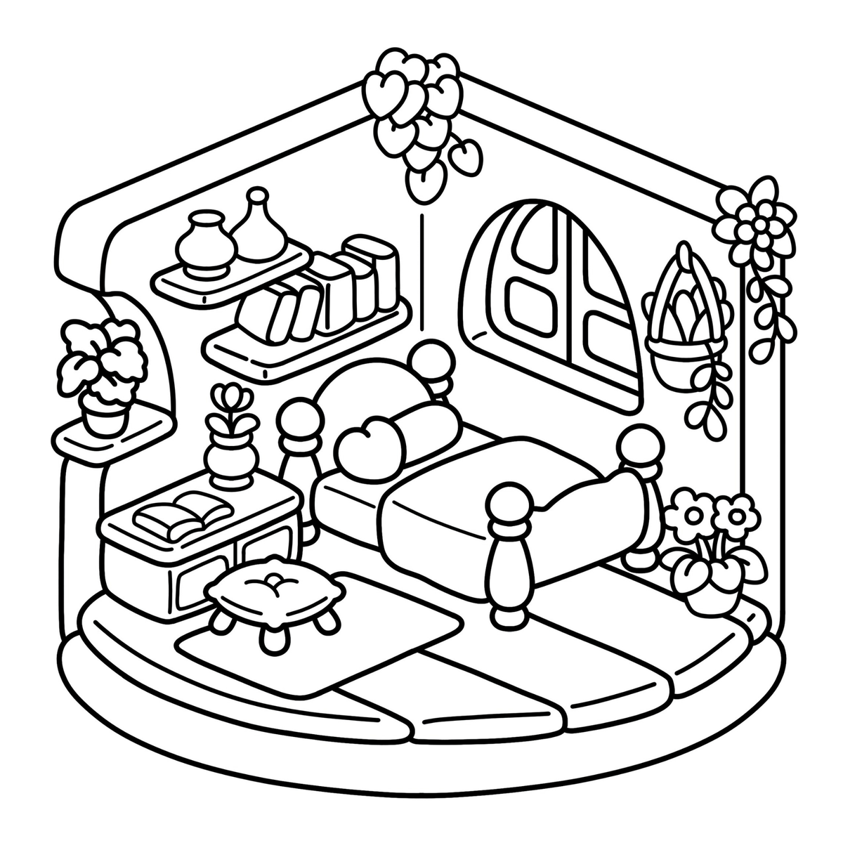 Interiorul cărții Cozy Space PDF, cu 37 de ilustrații cozy imprimabile, așezate pe o singură parte a filei, în format pătrat 21 × 21 cm – Cotomag