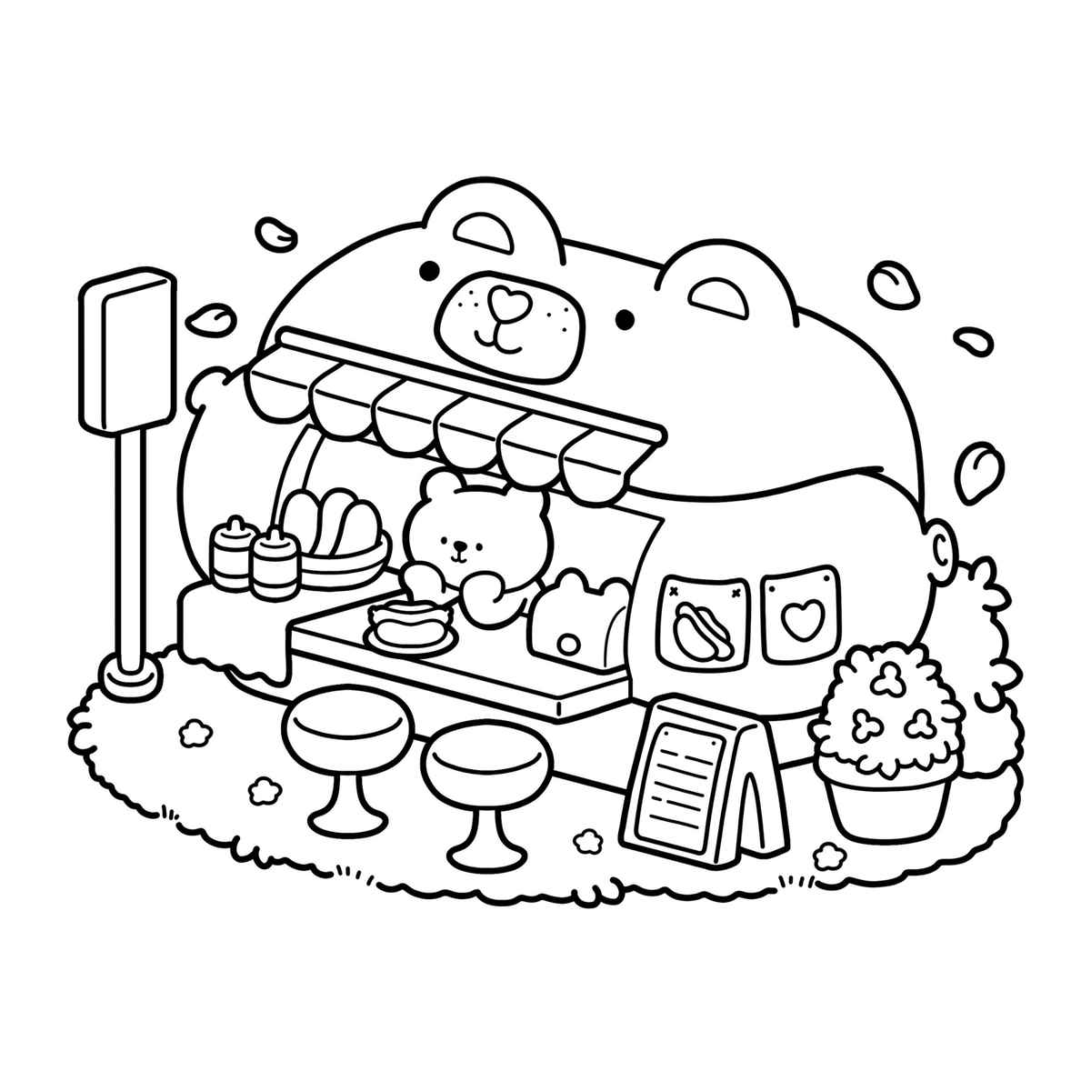 Interiorul cărții Cozy Space PDF, cu 37 de ilustrații cozy imprimabile, așezate pe o singură parte a filei, în format pătrat 21 × 21 cm – Cotomag