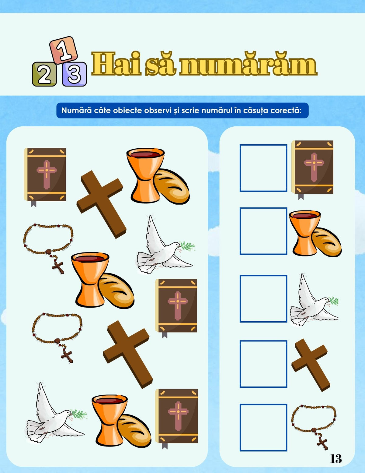Interior caiet de lucru PDF pentru micii credincioși, cu exerciții despre valori spirituale, reflecție și pagini de colorat imprimabile – Cotomag