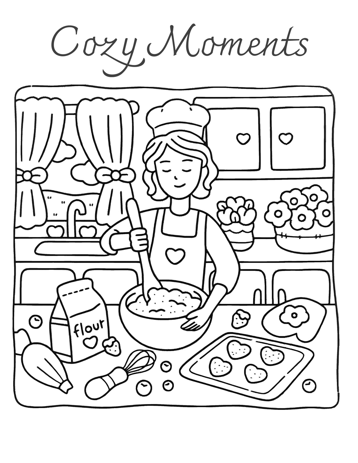 Interiorul cărții Cozy Moments – Activități Relaxante: Artă Terapeutică PDF, cu ilustrații cozy imprimabile pentru colorat – Cotomag
