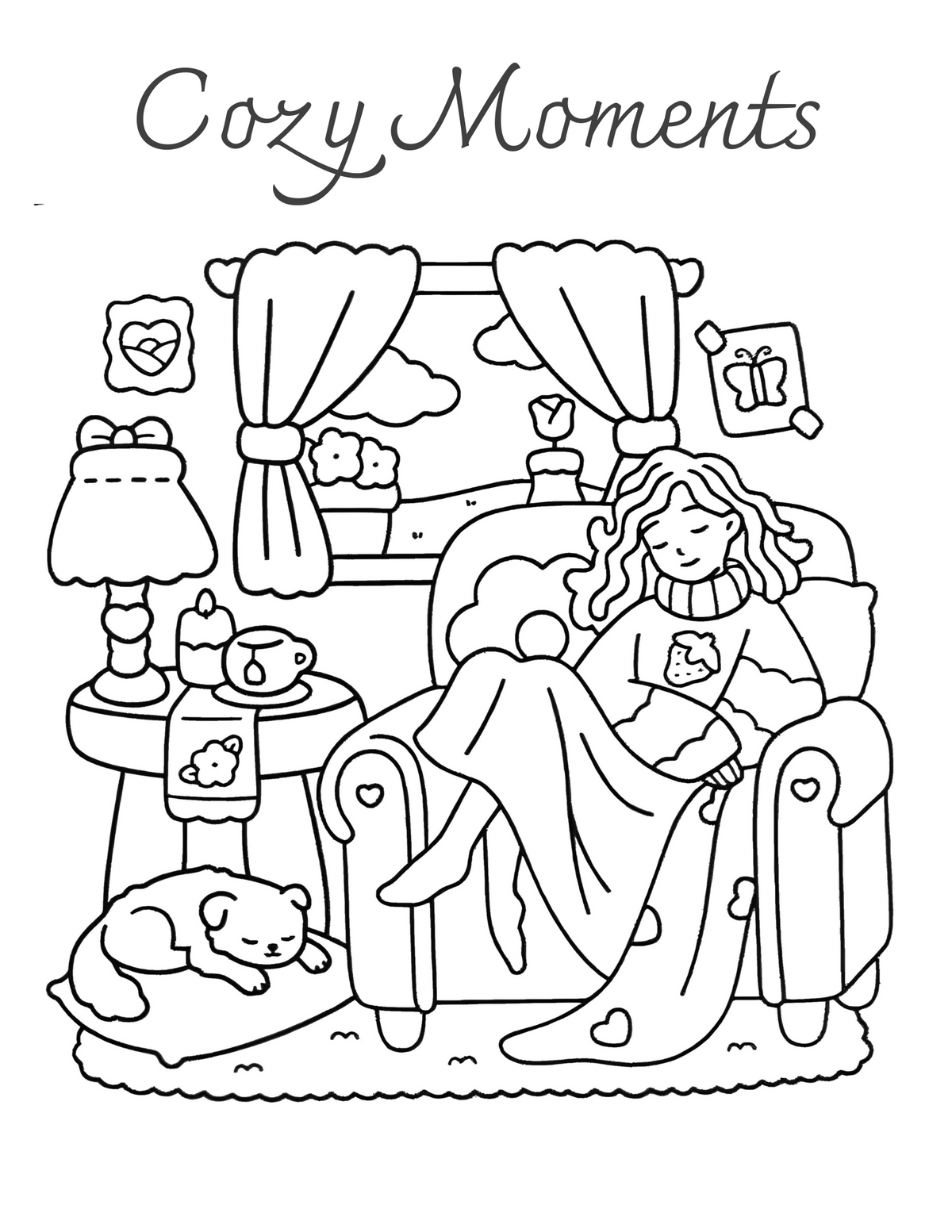 Interiorul cărții Cozy Moments – Activități Relaxante: Artă Terapeutică PDF, cu ilustrații cozy imprimabile pentru colorat – Cotomag