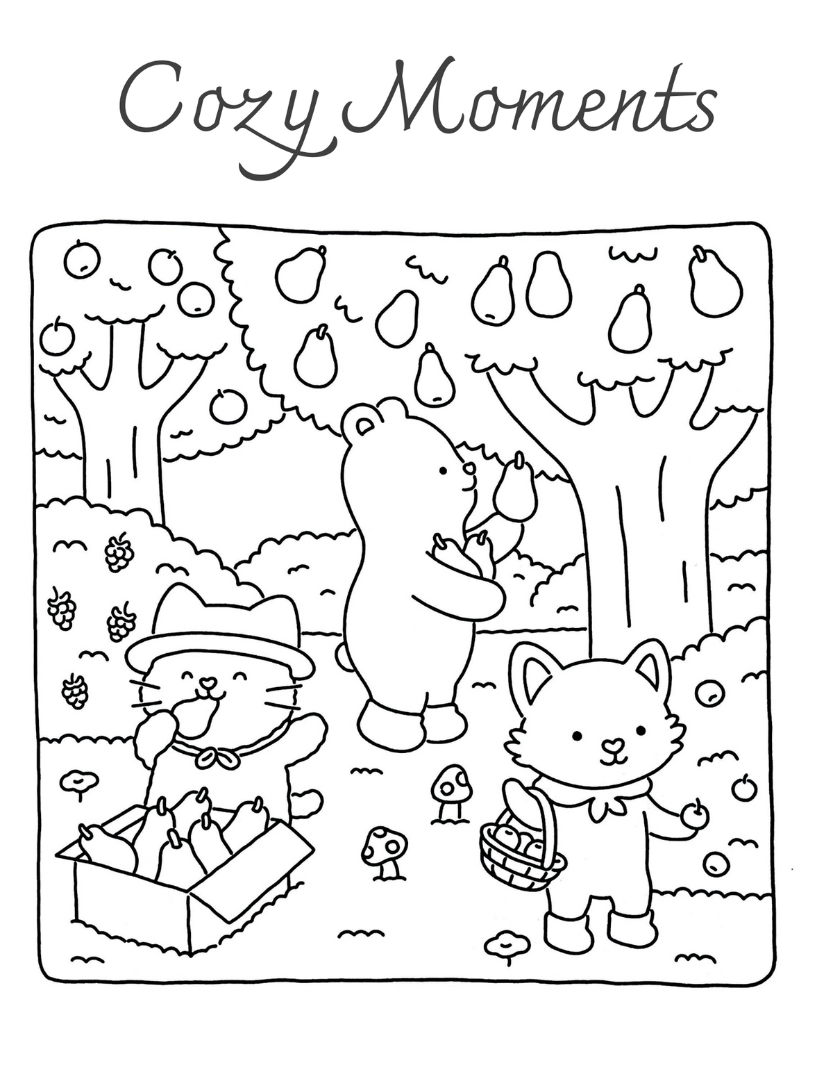 Interiorul cărții Cozy Moments – Prietenie Adevărată PDF, cu scene despre prietenie și personaje de colorat imprimabile – Cotomag
