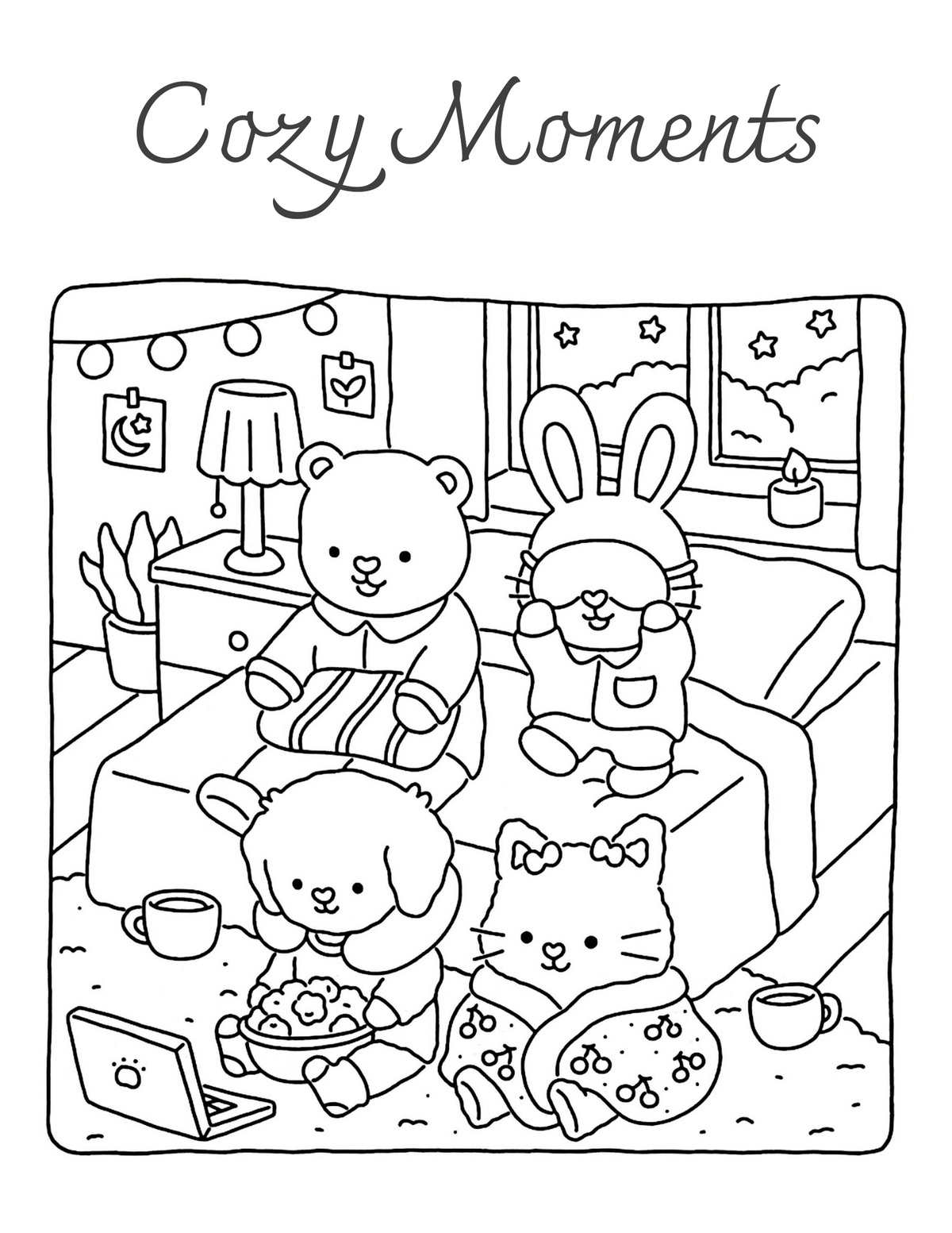 Interiorul cărții Cozy Moments – Prietenie Adevărată PDF, cu scene despre prietenie și personaje de colorat imprimabile – Cotomag